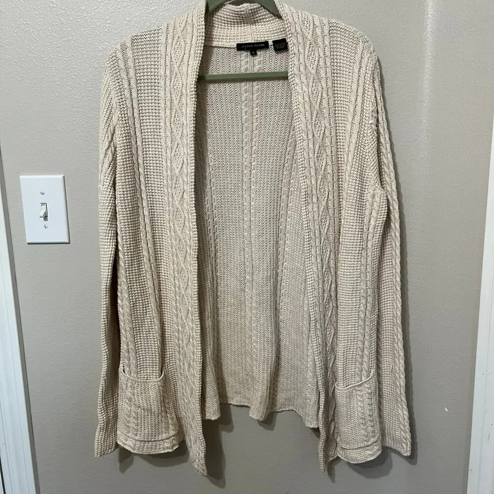 Jeanne Pierre Cable Knit Sweater Sz Medium Open Front‎ Cream Pockets